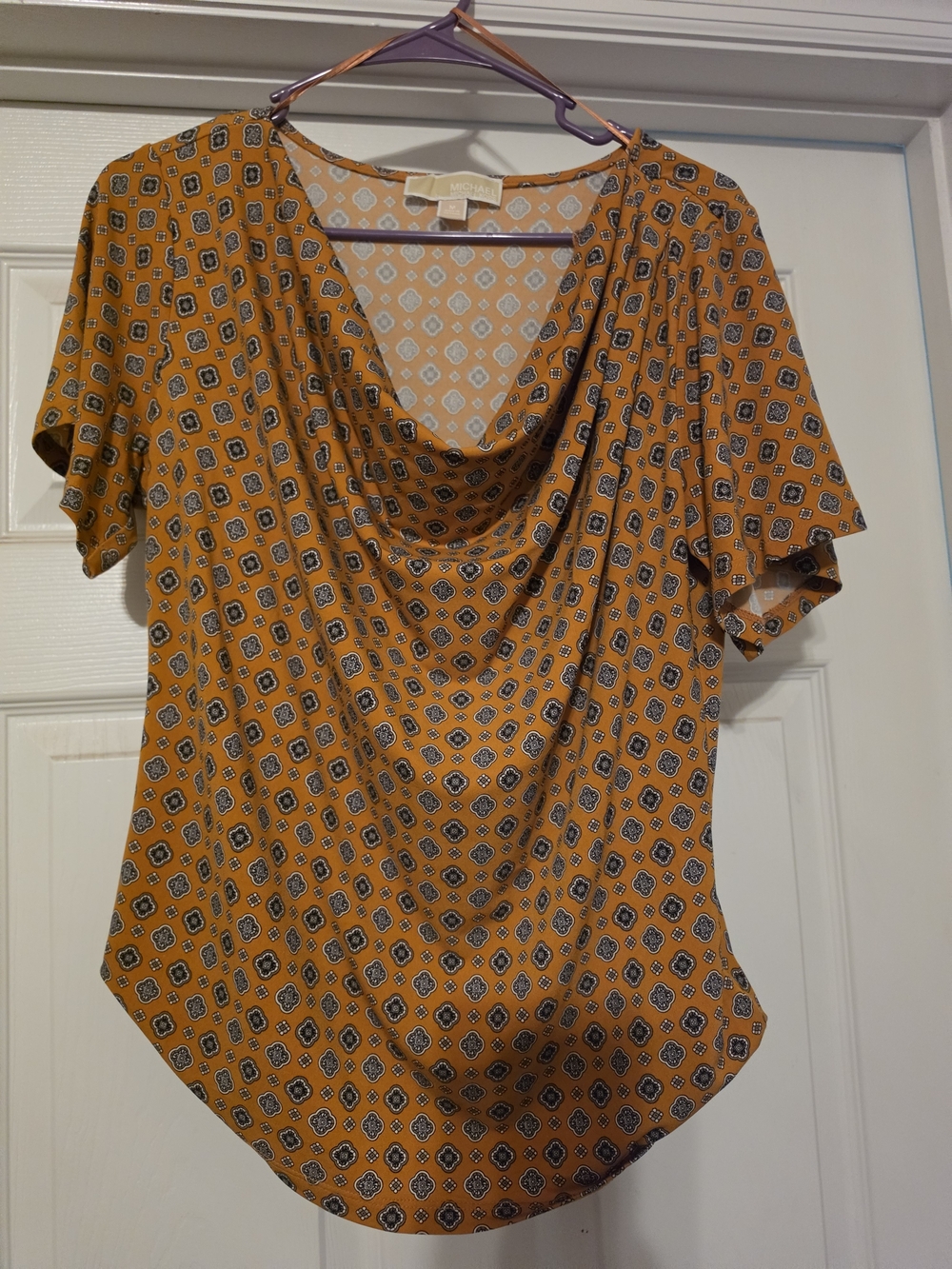 Michael Kors Mustard Printed Draped-Neck Blouse